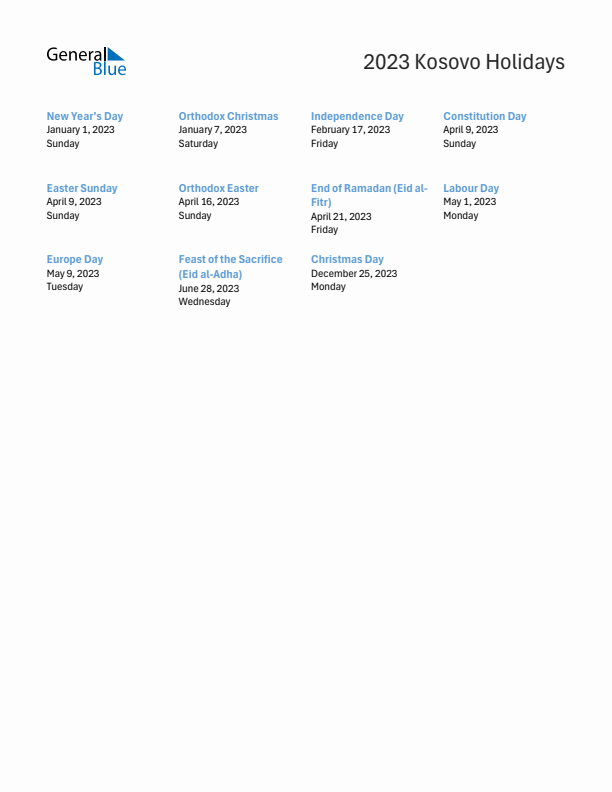 Free printable list of Kosovo holidays for year 2023