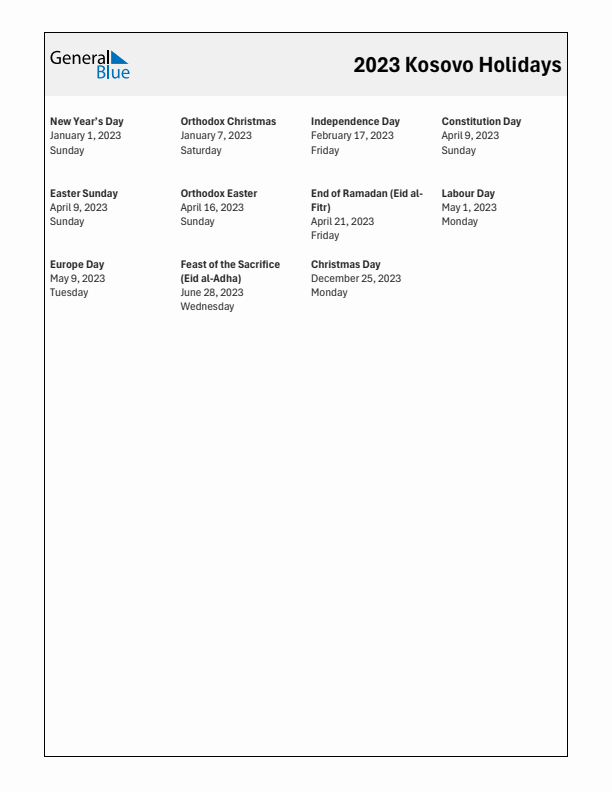 Free printable list of Kosovo holidays for year 2023