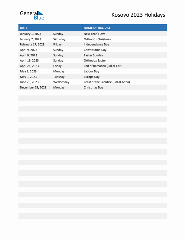 Free printable list of Kosovo holidays for year 2023