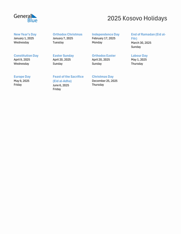 Free printable list of Kosovo holidays for year 2025