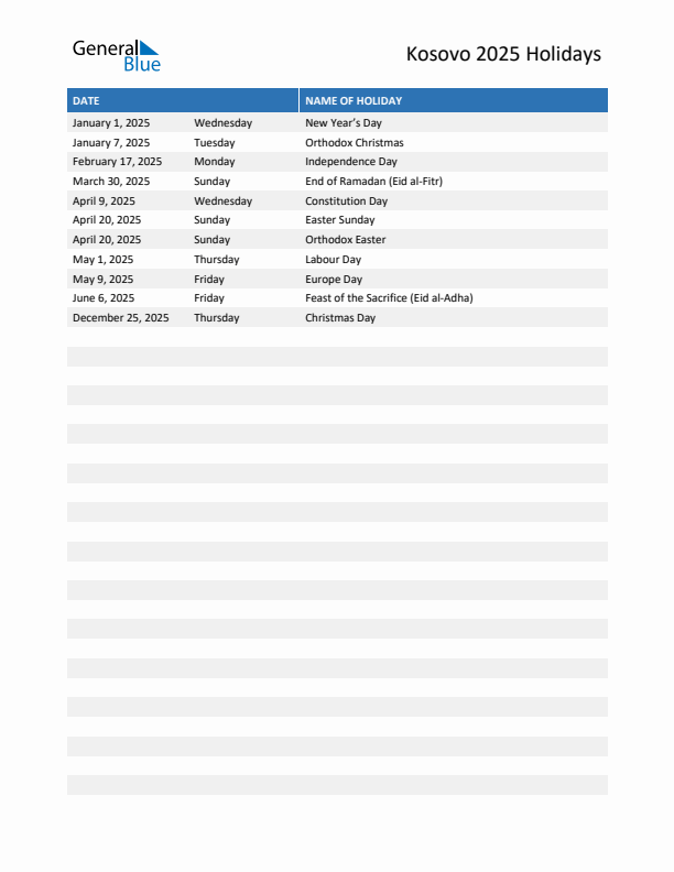 Free printable list of Kosovo holidays for year 2025