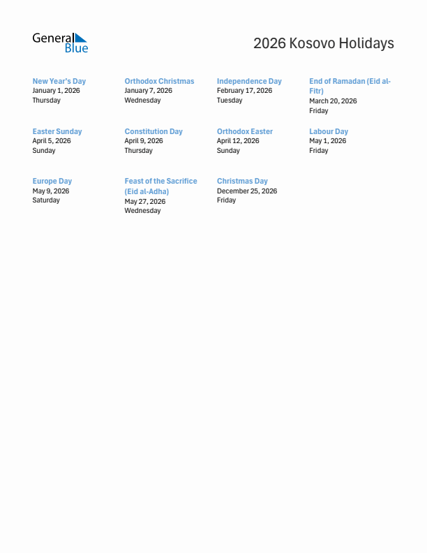 Free printable list of Kosovo holidays for year 2026