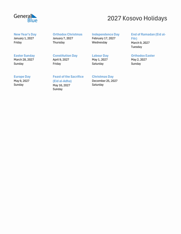 Free printable list of Kosovo holidays for year 2027