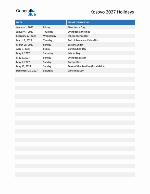 Free printable list of Kosovo holidays for year 2027