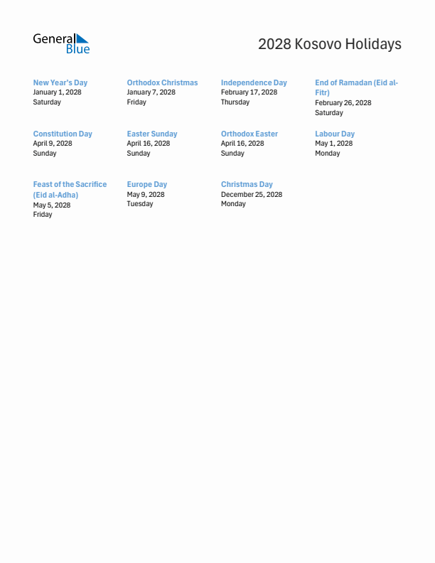 Free printable list of Kosovo holidays for year 2028