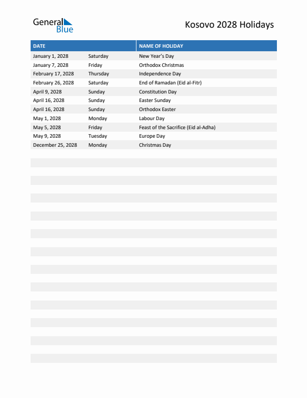 Free printable list of Kosovo holidays for year 2028