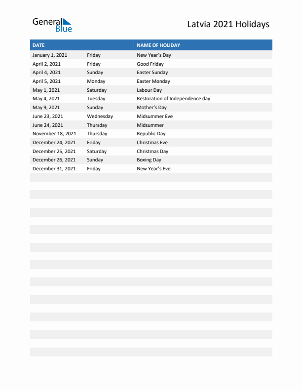 Free printable list of Latvia holidays for year 2021