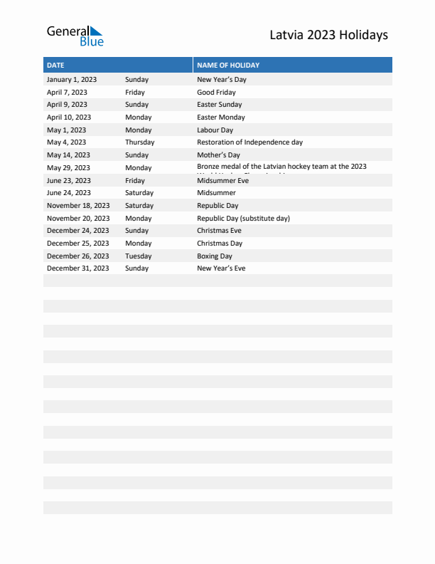 Free printable list of Latvia holidays for year 2023