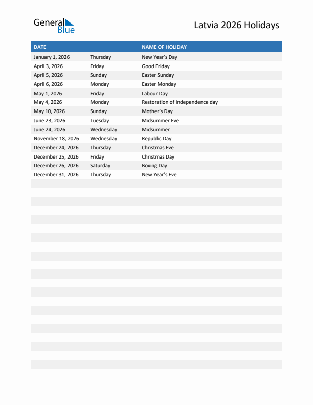 Free printable list of Latvia holidays for year 2026