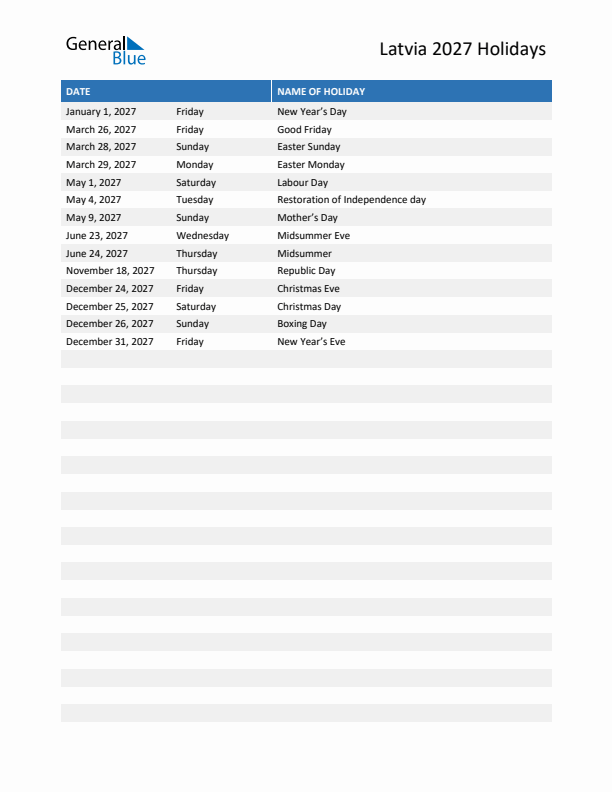 Free printable list of Latvia holidays for year 2027