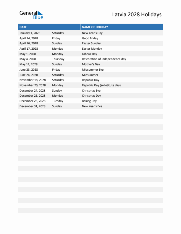 Free printable list of Latvia holidays for year 2028