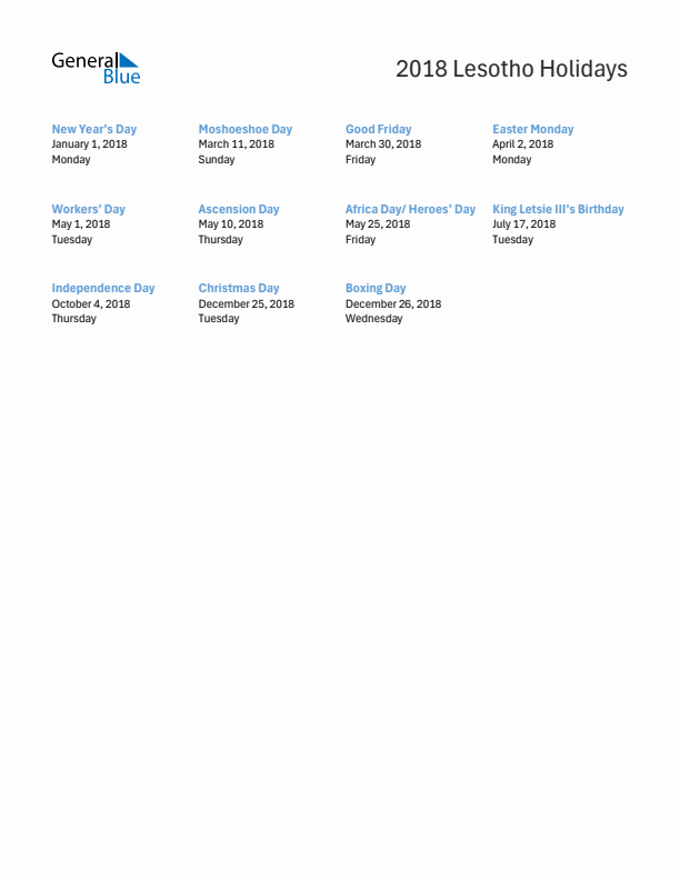 Free printable list of Lesotho holidays for year 2018