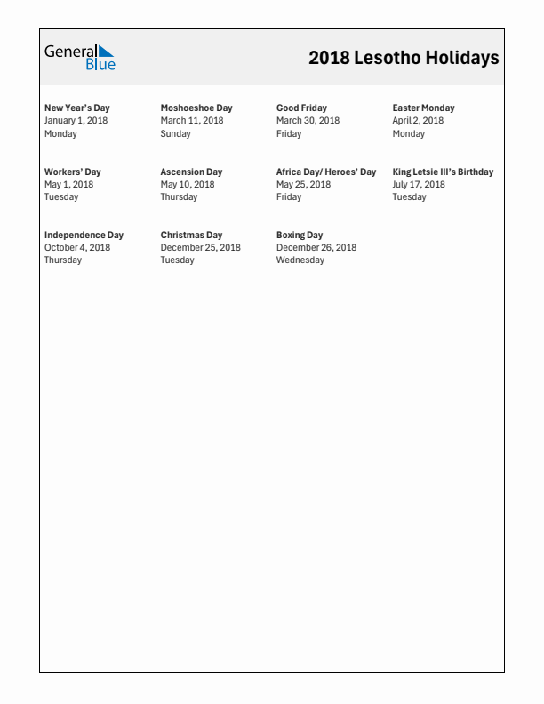 Free printable list of Lesotho holidays for year 2018