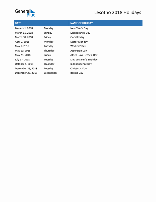 Free printable list of Lesotho holidays for year 2018