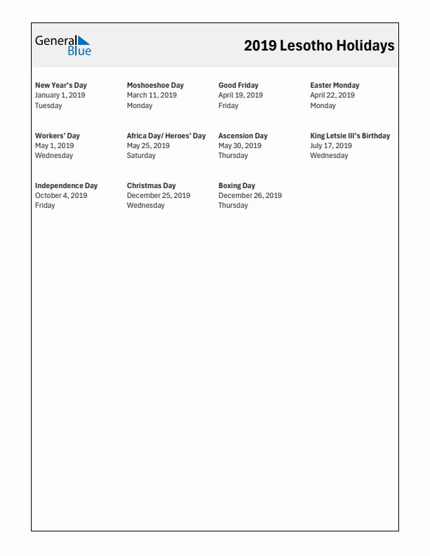 Free printable list of Lesotho holidays for year 2019