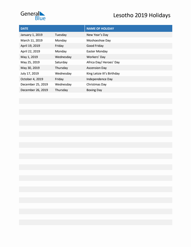 Free printable list of Lesotho holidays for year 2019