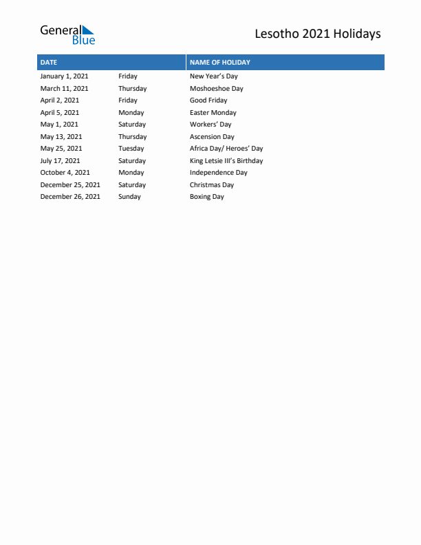 Free printable list of Lesotho holidays for year 2021