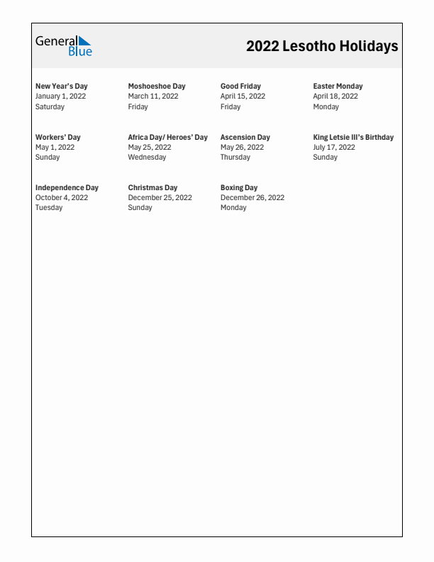 Free printable list of Lesotho holidays for year 2022