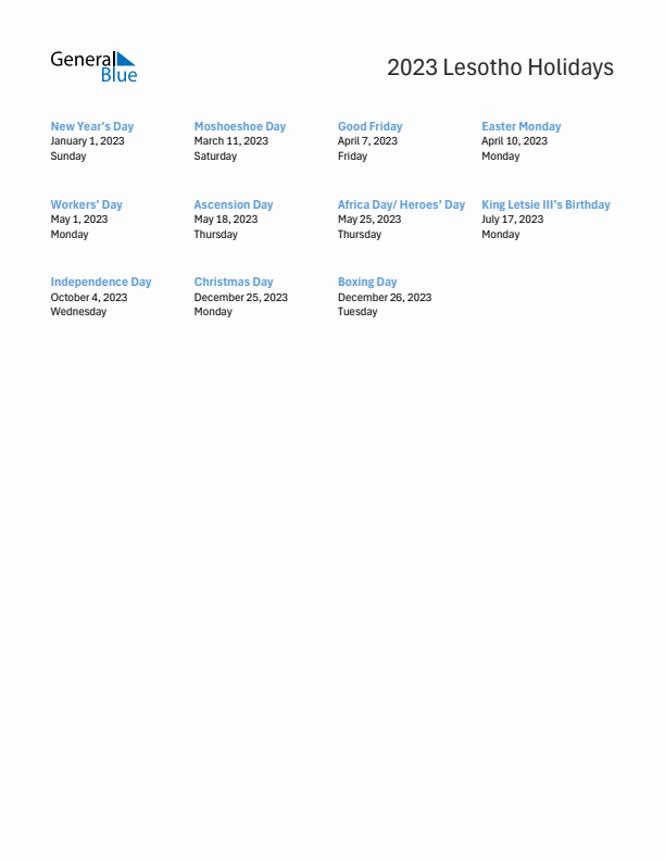 Free printable list of Lesotho holidays for year 2023