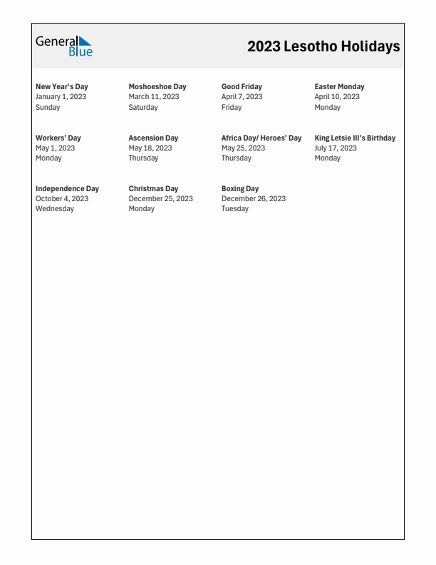 Free printable list of Lesotho holidays for year 2023