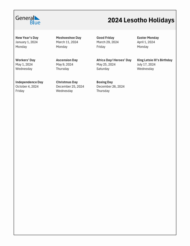 Free printable list of Lesotho holidays for year 2024