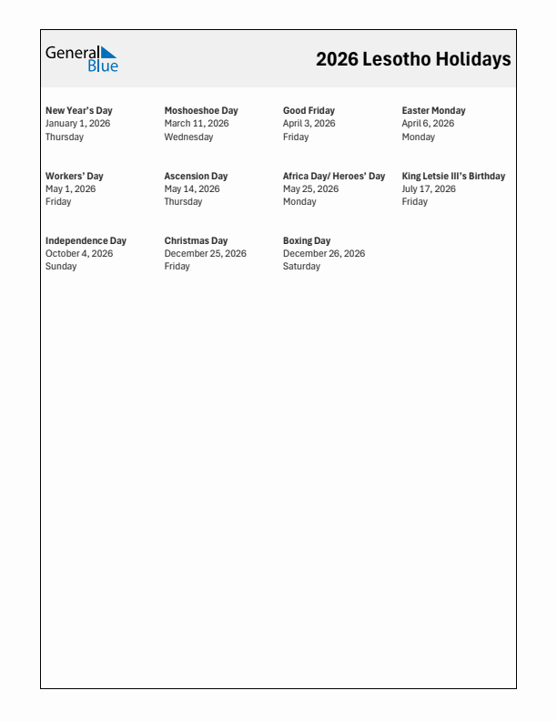 Free printable list of Lesotho holidays for year 2026