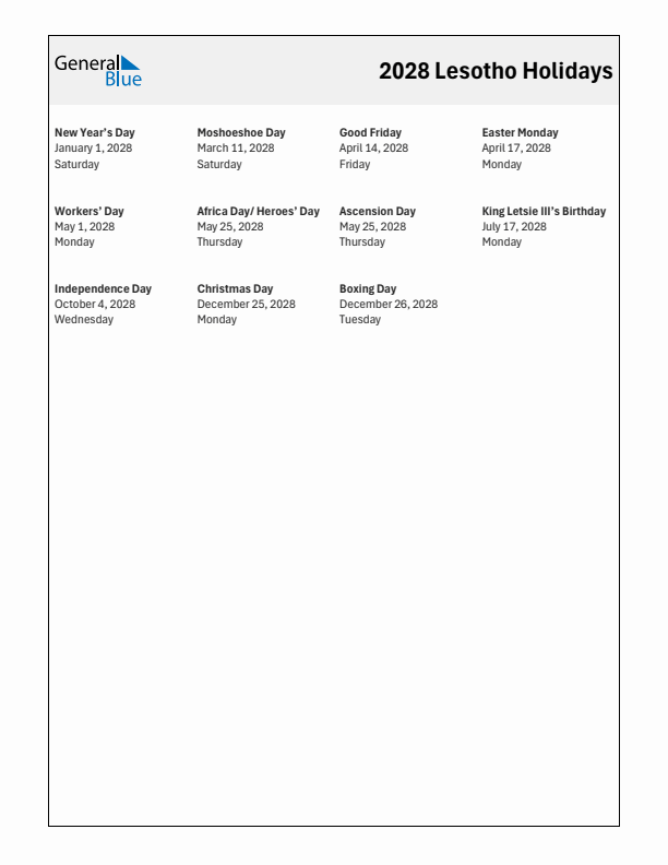 Free printable list of Lesotho holidays for year 2028