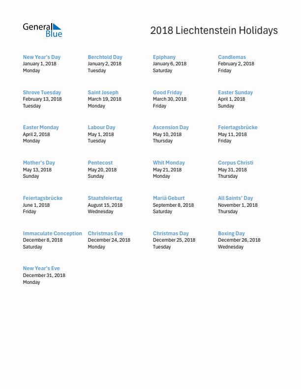 Free printable list of Liechtenstein holidays for year 2018