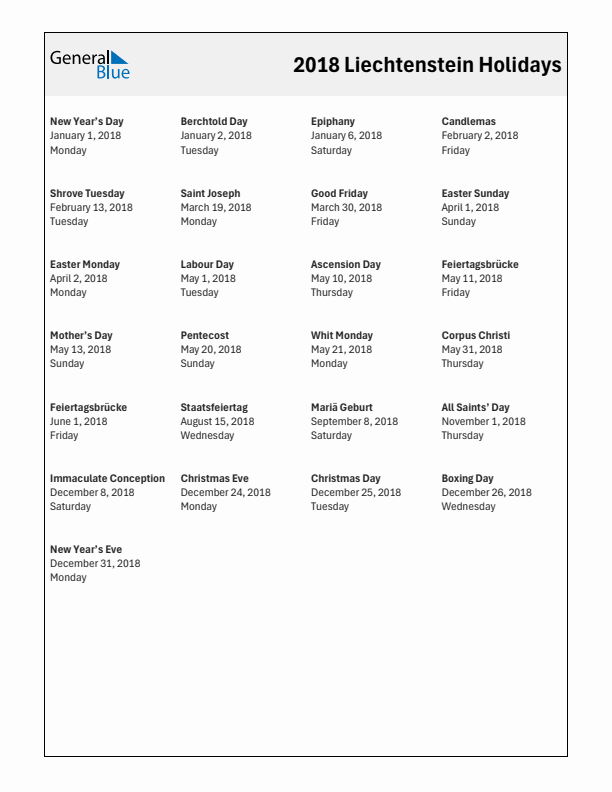 Free printable list of Liechtenstein holidays for year 2018