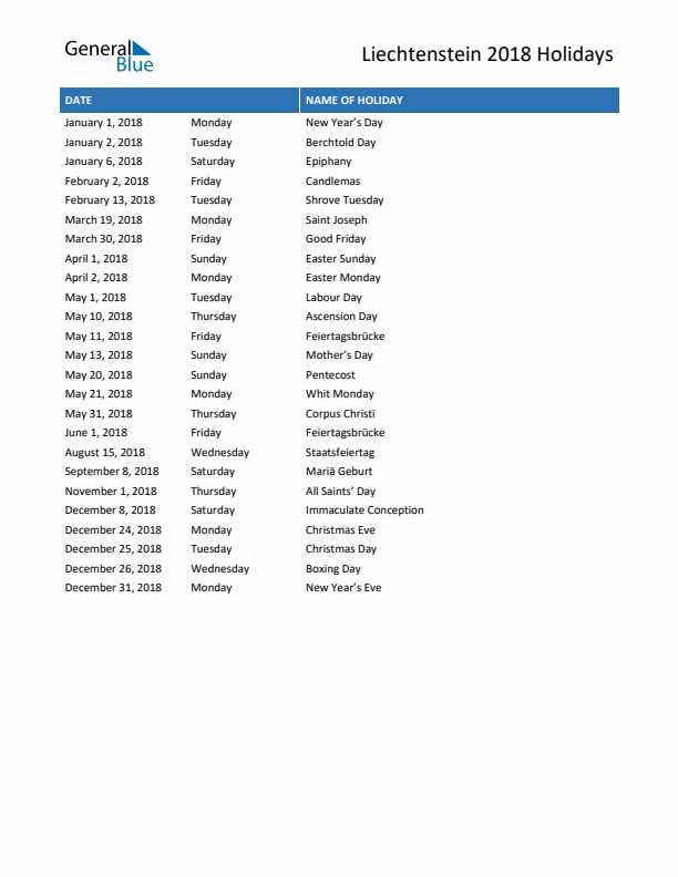 Free printable list of Liechtenstein holidays for year 2018