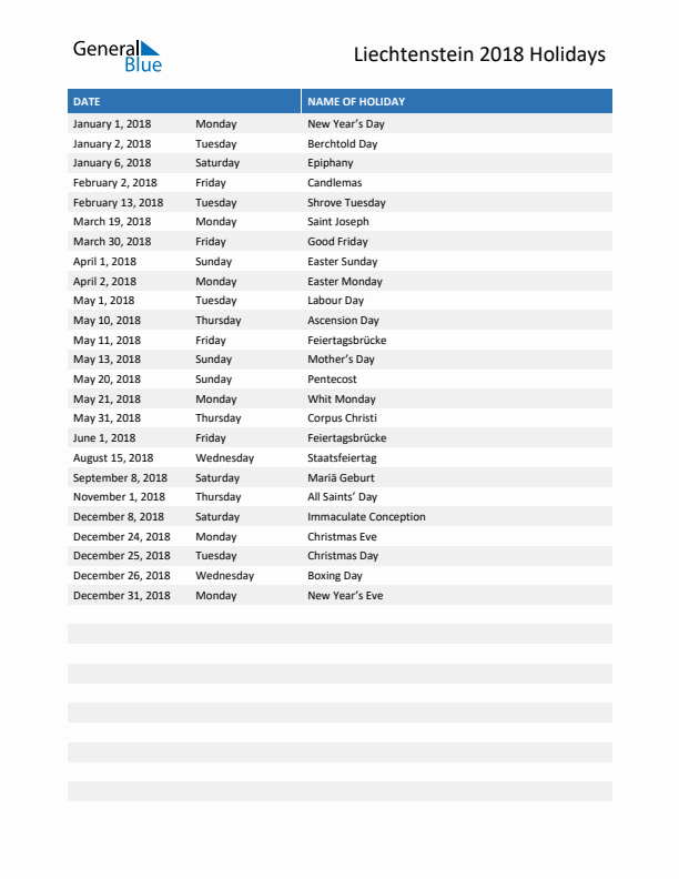 Free printable list of Liechtenstein holidays for year 2018