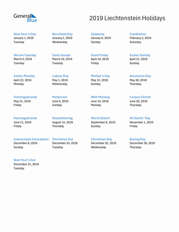 Free printable list of Liechtenstein holidays for year 2019