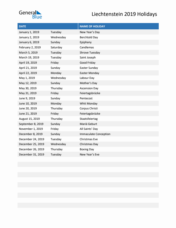 Free printable list of Liechtenstein holidays for year 2019