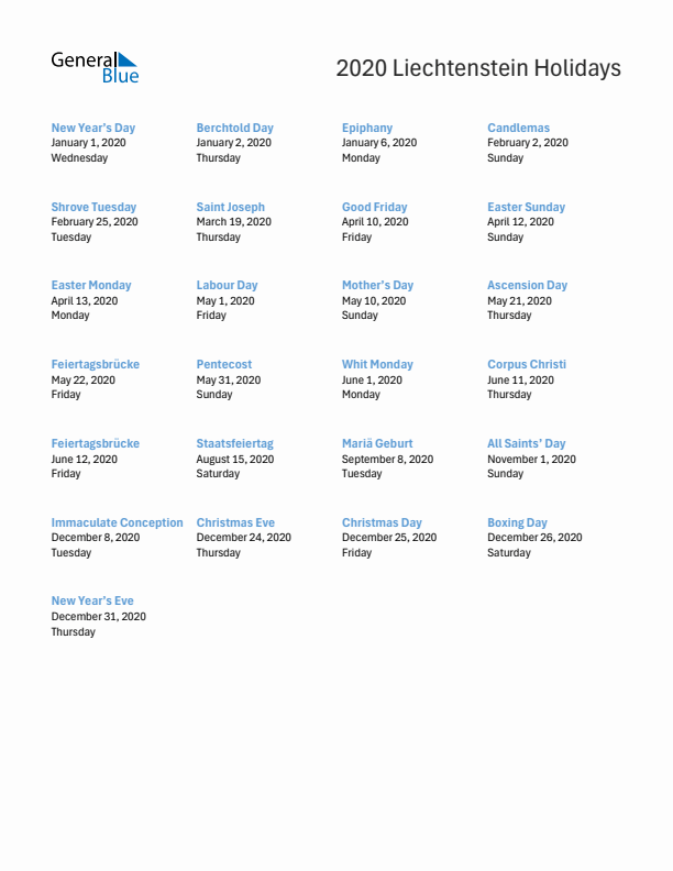 Free printable list of Liechtenstein holidays for year 2020