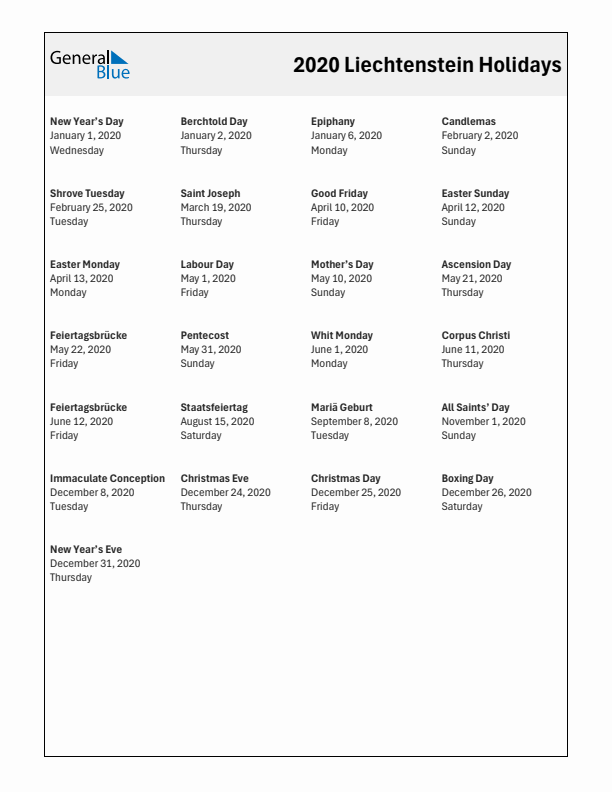 Free printable list of Liechtenstein holidays for year 2020