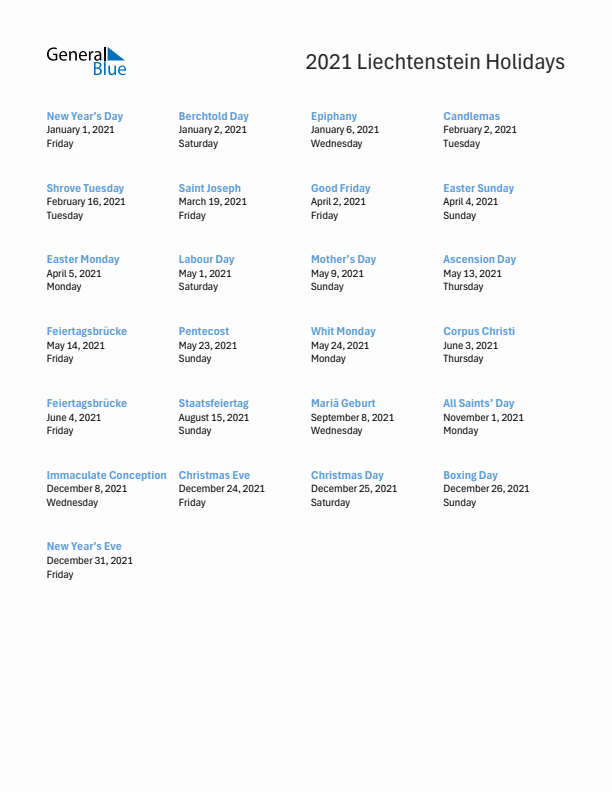 Free printable list of Liechtenstein holidays for year 2021