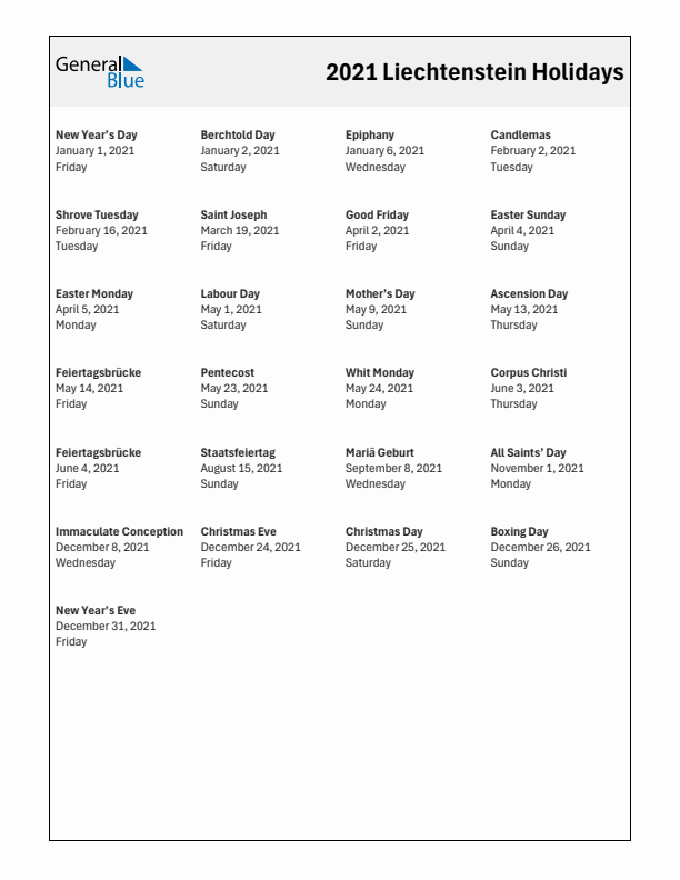 Free printable list of Liechtenstein holidays for year 2021