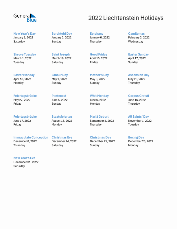 Free printable list of Liechtenstein holidays for year 2022