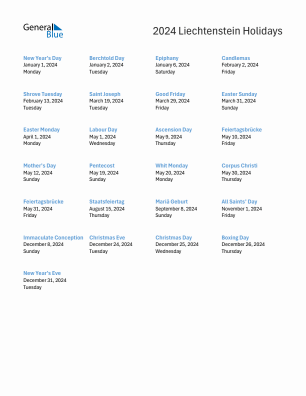 Free printable list of Liechtenstein holidays for year 2024