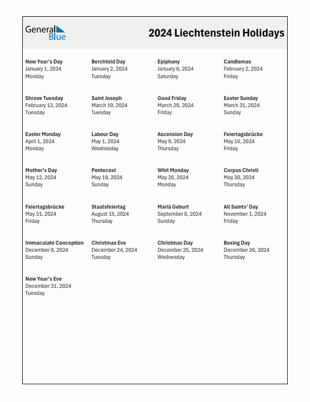 Free printable list of Liechtenstein holidays for year 2024