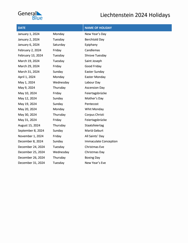 Free printable list of Liechtenstein holidays for year 2024