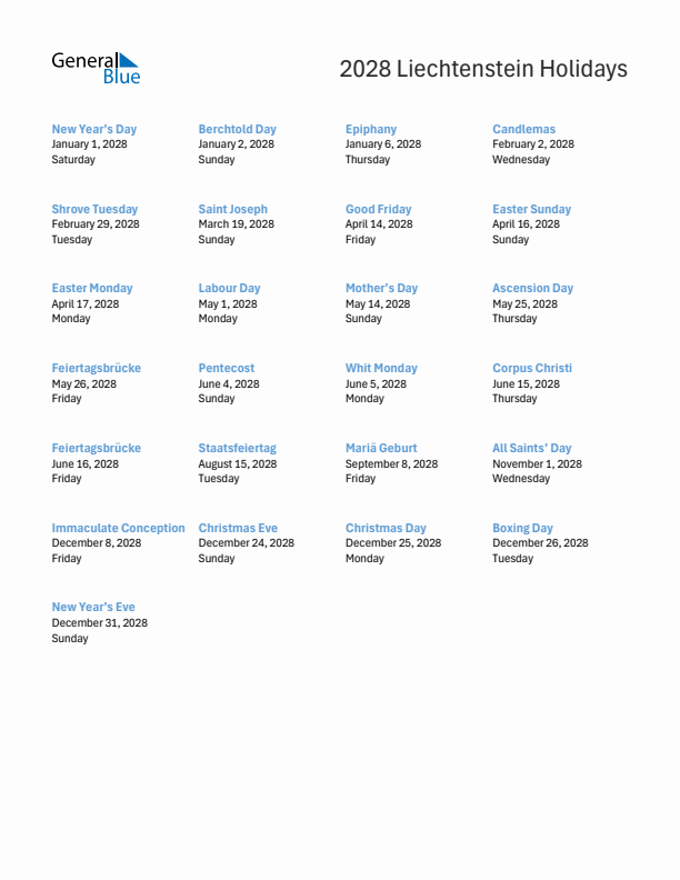 Free printable list of Liechtenstein holidays for year 2028