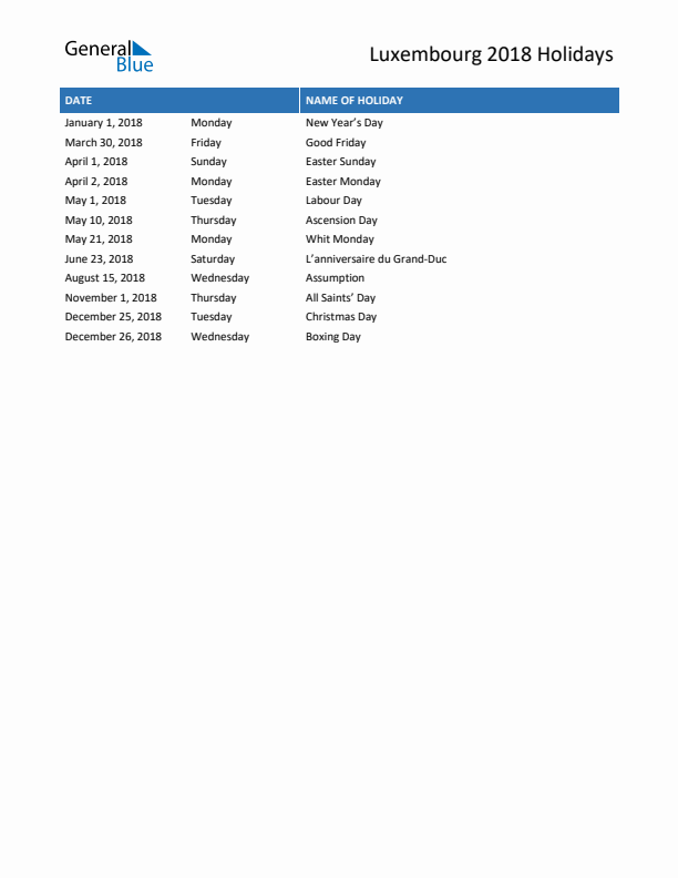 Free printable list of Luxembourg holidays for year 2018