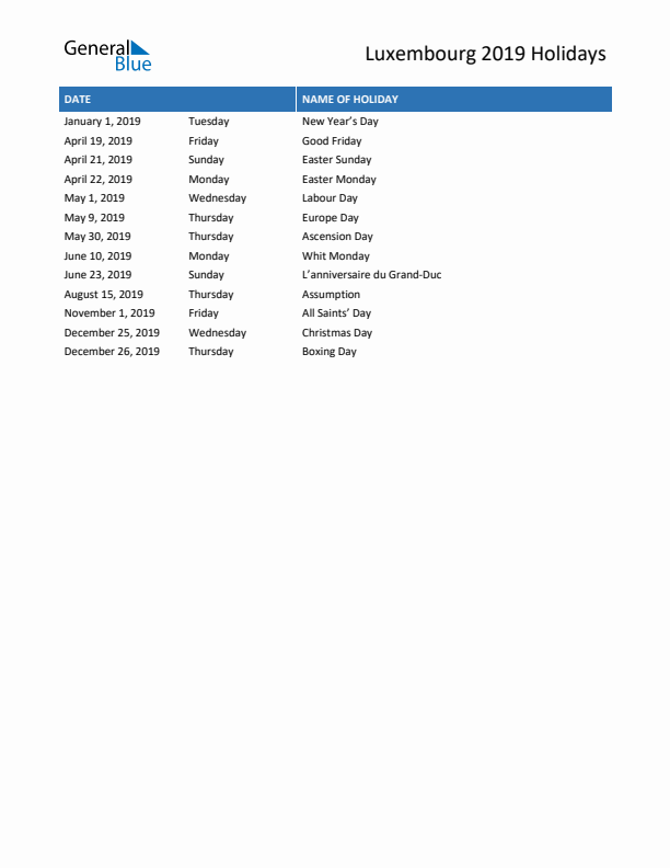 Free printable list of Luxembourg holidays for year 2019