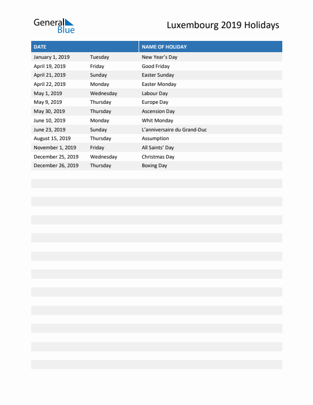 Free printable list of Luxembourg holidays for year 2019