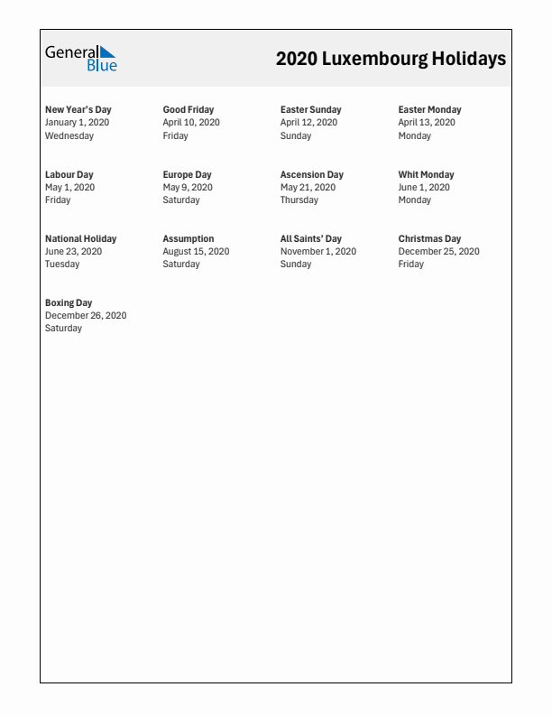 Free printable list of Luxembourg holidays for year 2020