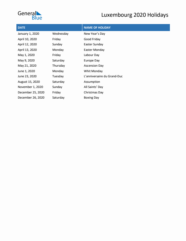 Free printable list of Luxembourg holidays for year 2020