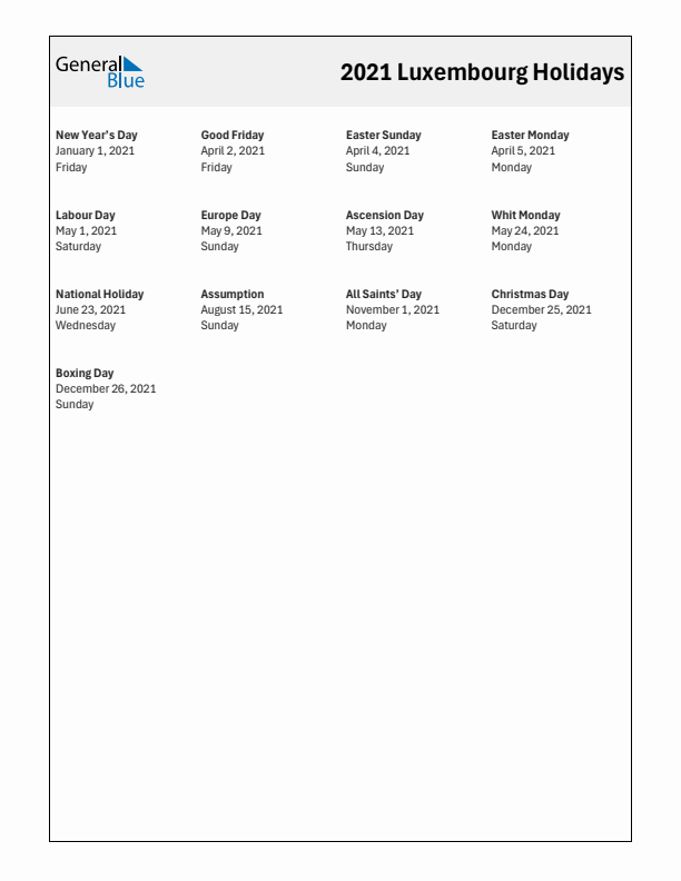 Free printable list of Luxembourg holidays for year 2021