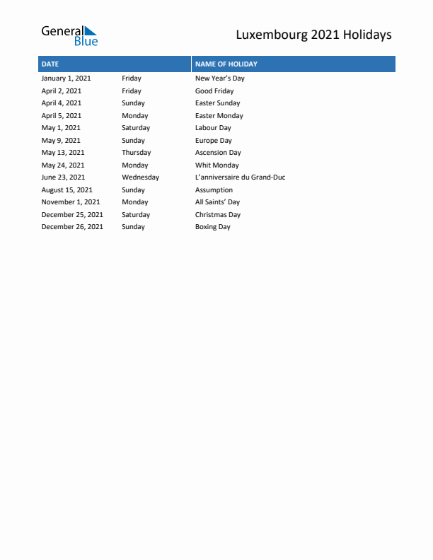 Free printable list of Luxembourg holidays for year 2021