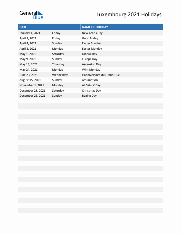 Free printable list of Luxembourg holidays for year 2021